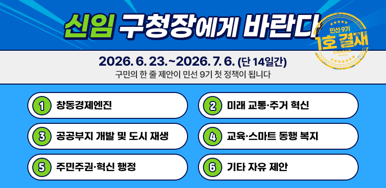 신임 구청장에게 바란다 민선9기 1호 결재 2026.6.23.~ 2026.7.6.(단 14일간) 구민의 한 줄 제안이 민선 9기 첫 정책이 됩니다 창동경제엔진 미래 교통주거 혁신 공공부지 개발 및 도시 재생 교육스마트 동행 복지 주민주권혁신 행정 기타 자유 제안